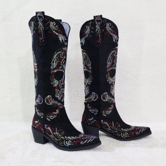 Muerto Country Western Cowgirl Boots Sparkling Iridescent Rhinestones Skull Red